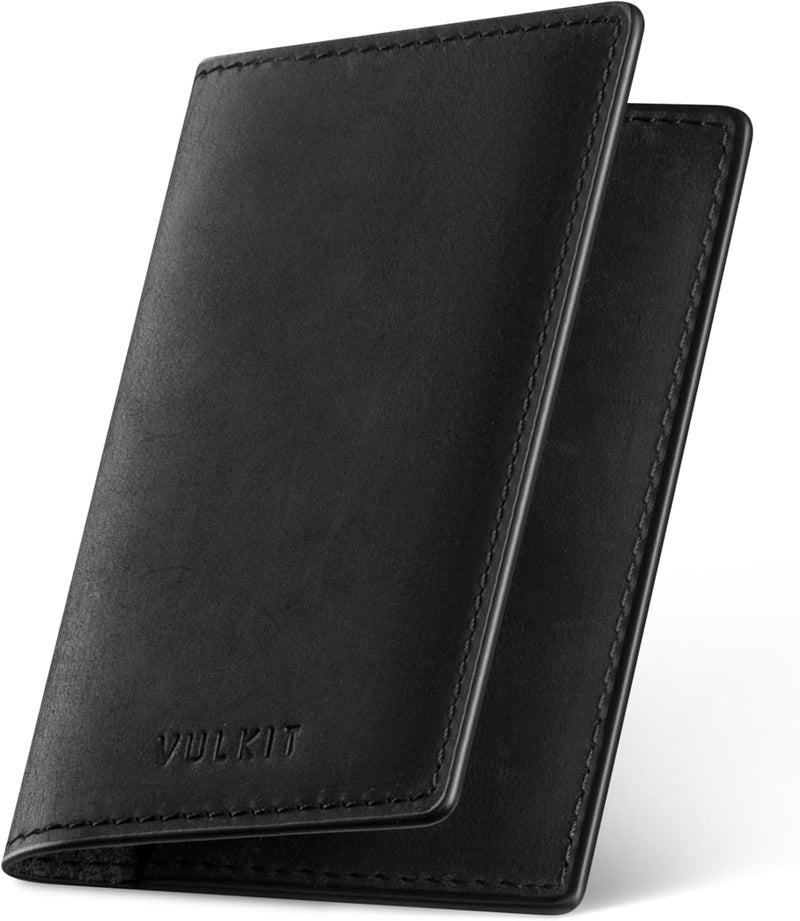 VULKIT حامل بطاقات العمل من الجلد الأصلي ذو جانبين نحيف منظم لبطاقات العمل للرجال أو النساء، يحمل حتى 20 بطاقة (أسود أصلي) - Image 1